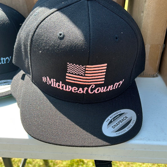 Snapback Flat Bill Hat - Black / #MidwestCountry - Pink