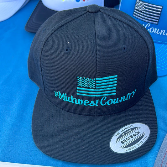 Snapback Flat Bill Hat - Black / #MidwestCountry - Teal