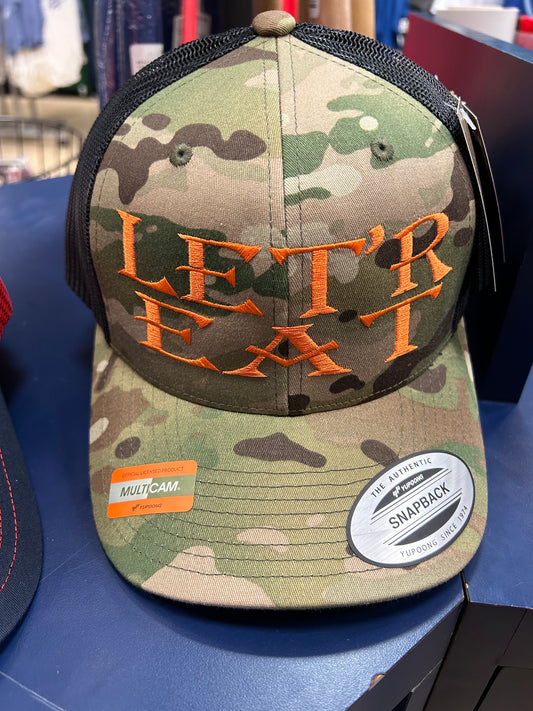 Camo Trucker SnapBack hat - Let’r Eat (Orange)