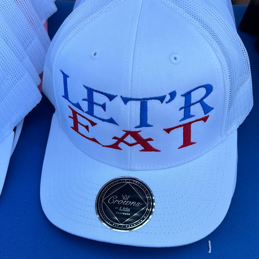 White Trucker SnapBack hat - Let’r Eat (Red/Blue)